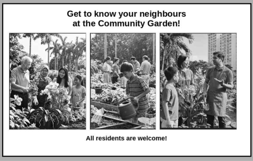 Poster headed 'Get to know your neighbours at the Community Garden!' showing three photographs — an elderly man with two women and a girl among potted orchids, a boy watering plants with a watering can, and a boy with a woman and a man talking beside HDB blocks — above the line 'All residents are welcome!'